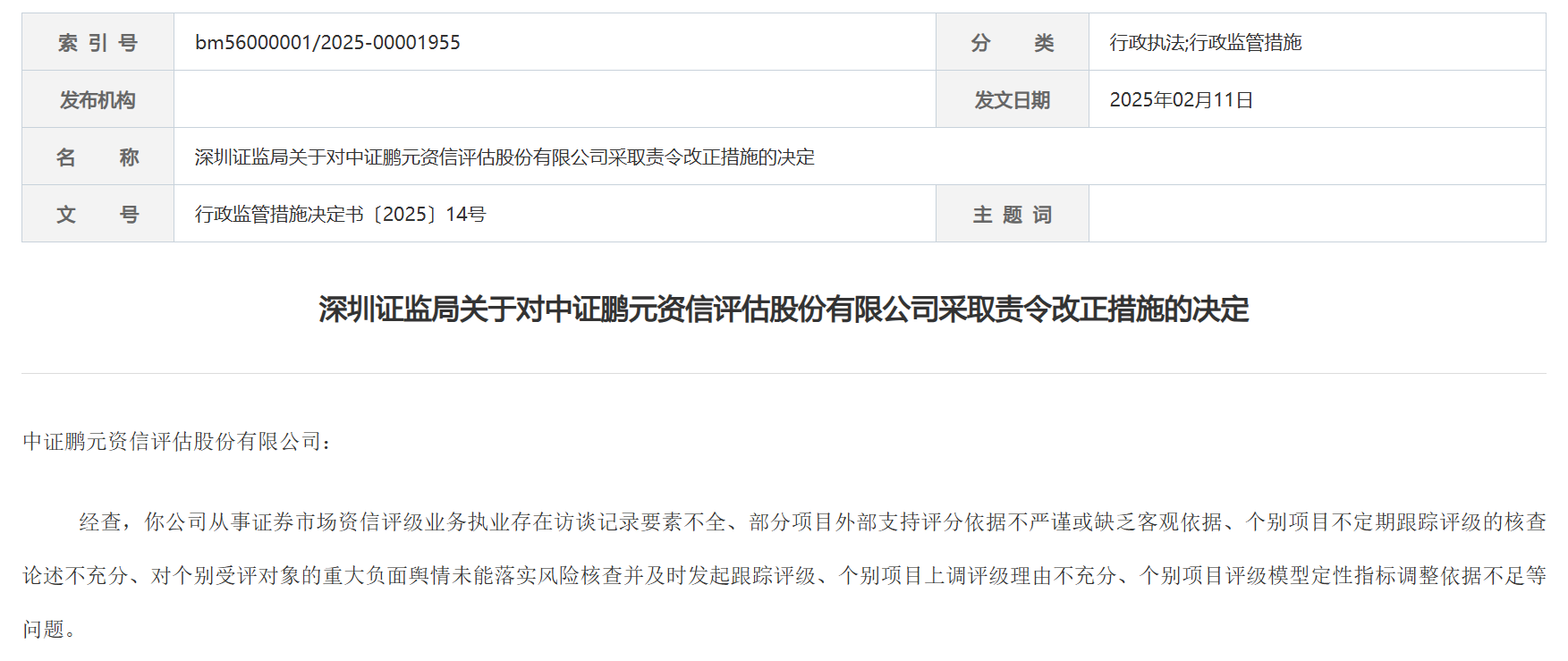 深圳证监局责令中证鹏元改正：评级业务存六大问题，违反管理办法规定