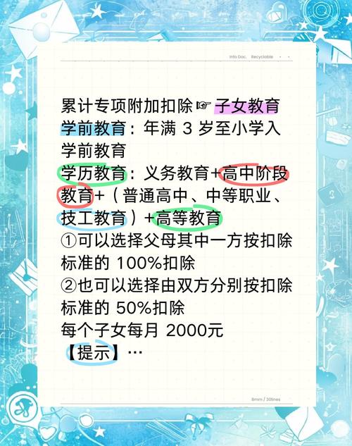 子女教育专项附加扣除范围、主体、标准及分配方式？