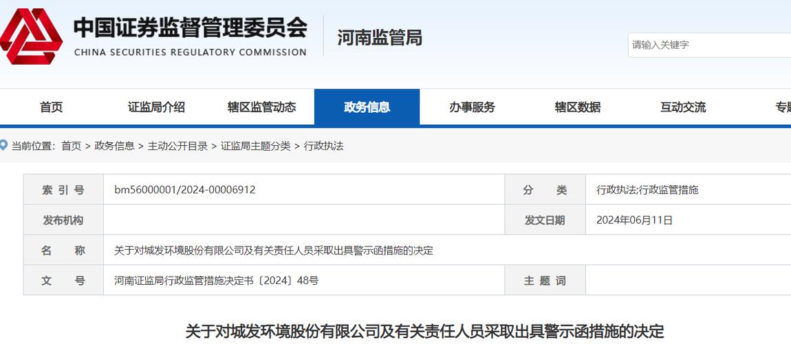 城发环境未及时披露关联方非经营性占资 警示函 中国证监会对城发环境的处罚_城发环境股价大跌